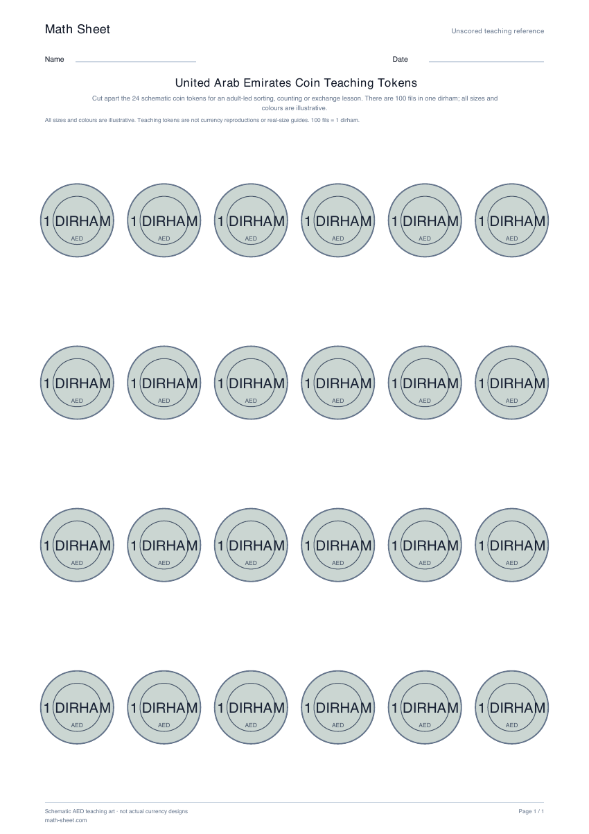 Printable united arab emirates coin teaching tokens worksheet preview