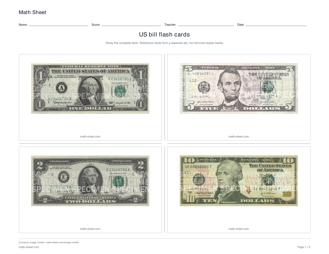Printable u.s. bill flash cards worksheet preview