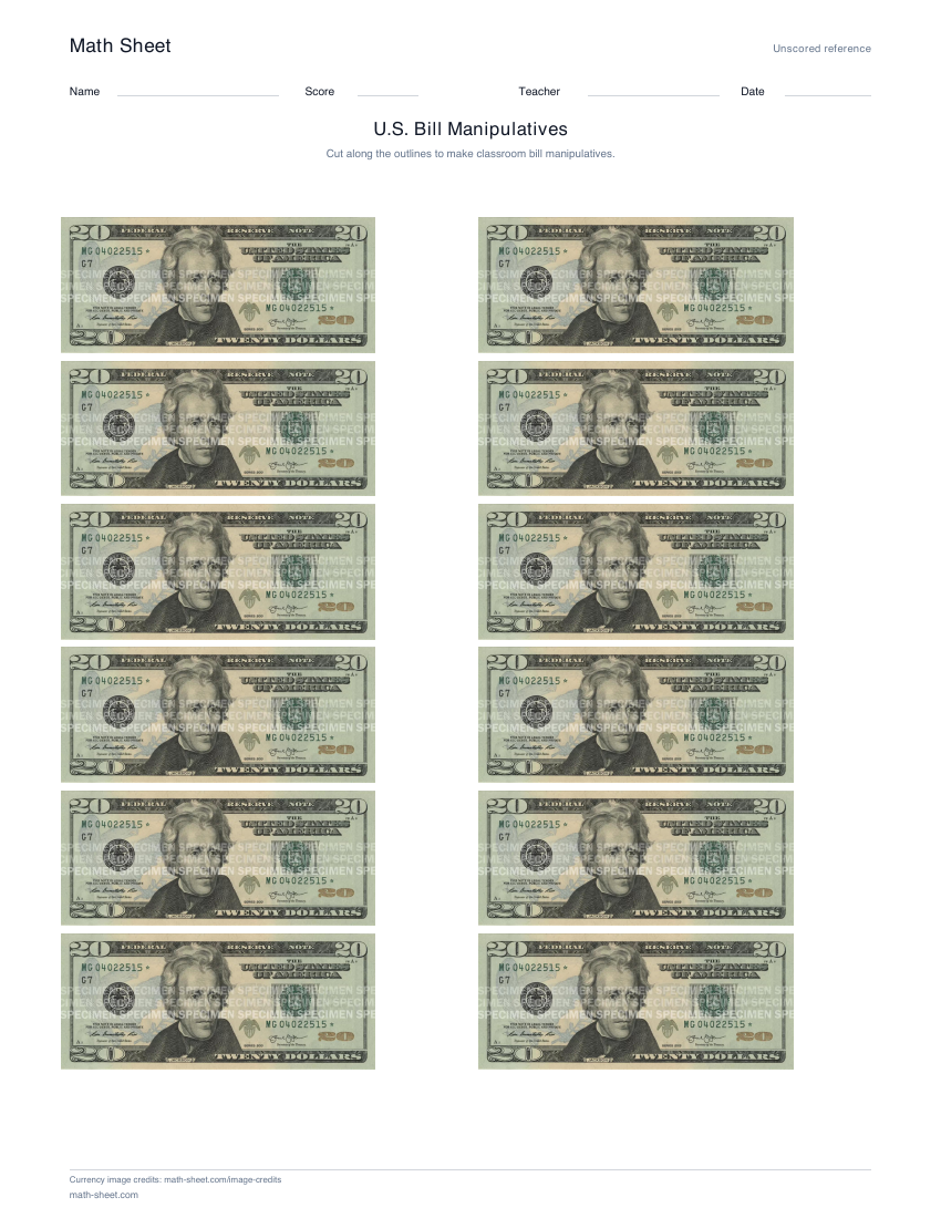 Printable u.s. bill manipulatives worksheet preview