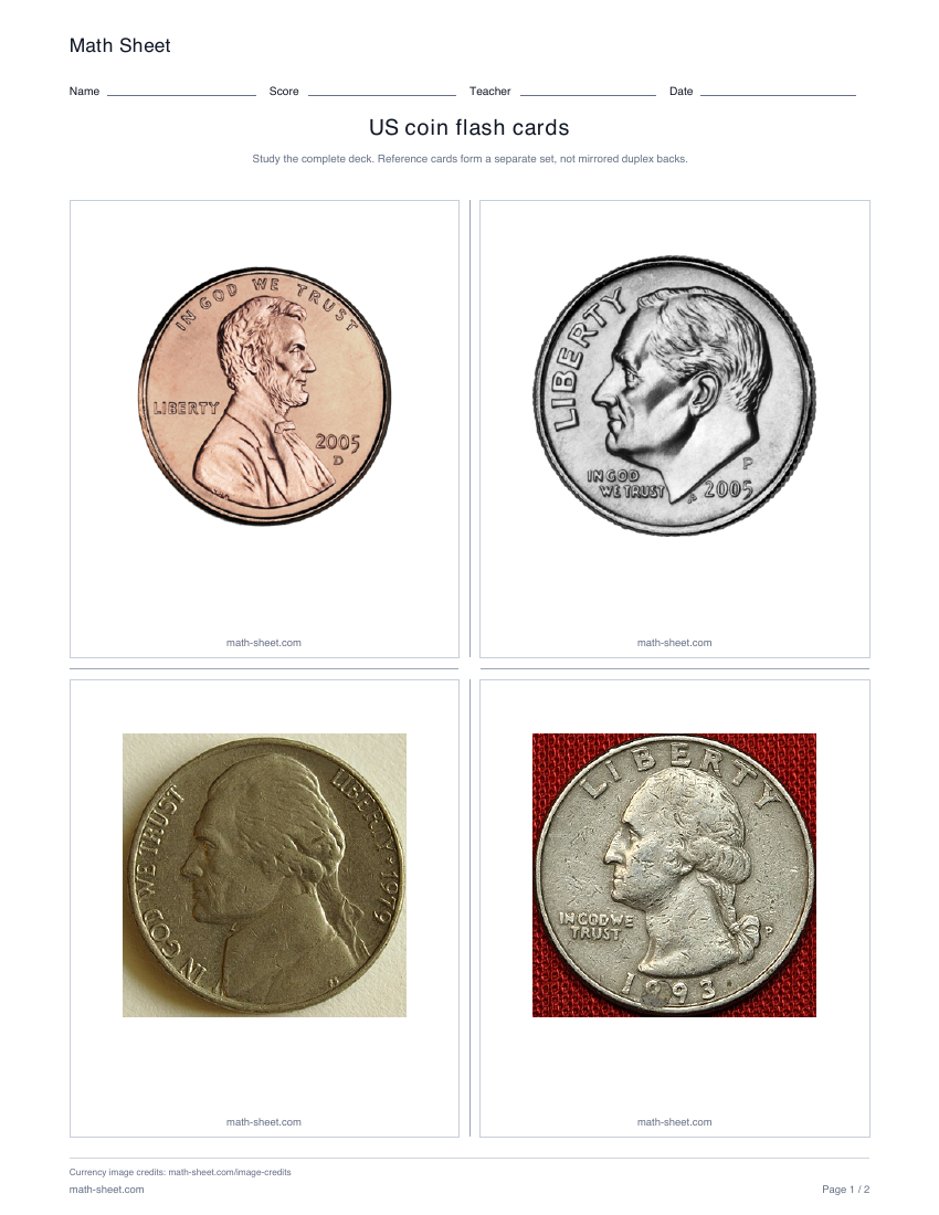 Printable u.s. coin flash cards worksheet preview