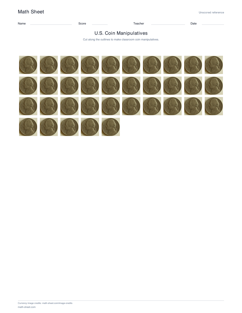 Printable u.s. coin manipulatives worksheet preview