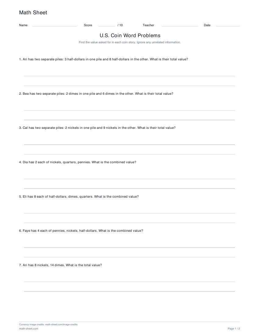 Printable u.s. coin word problems worksheet preview