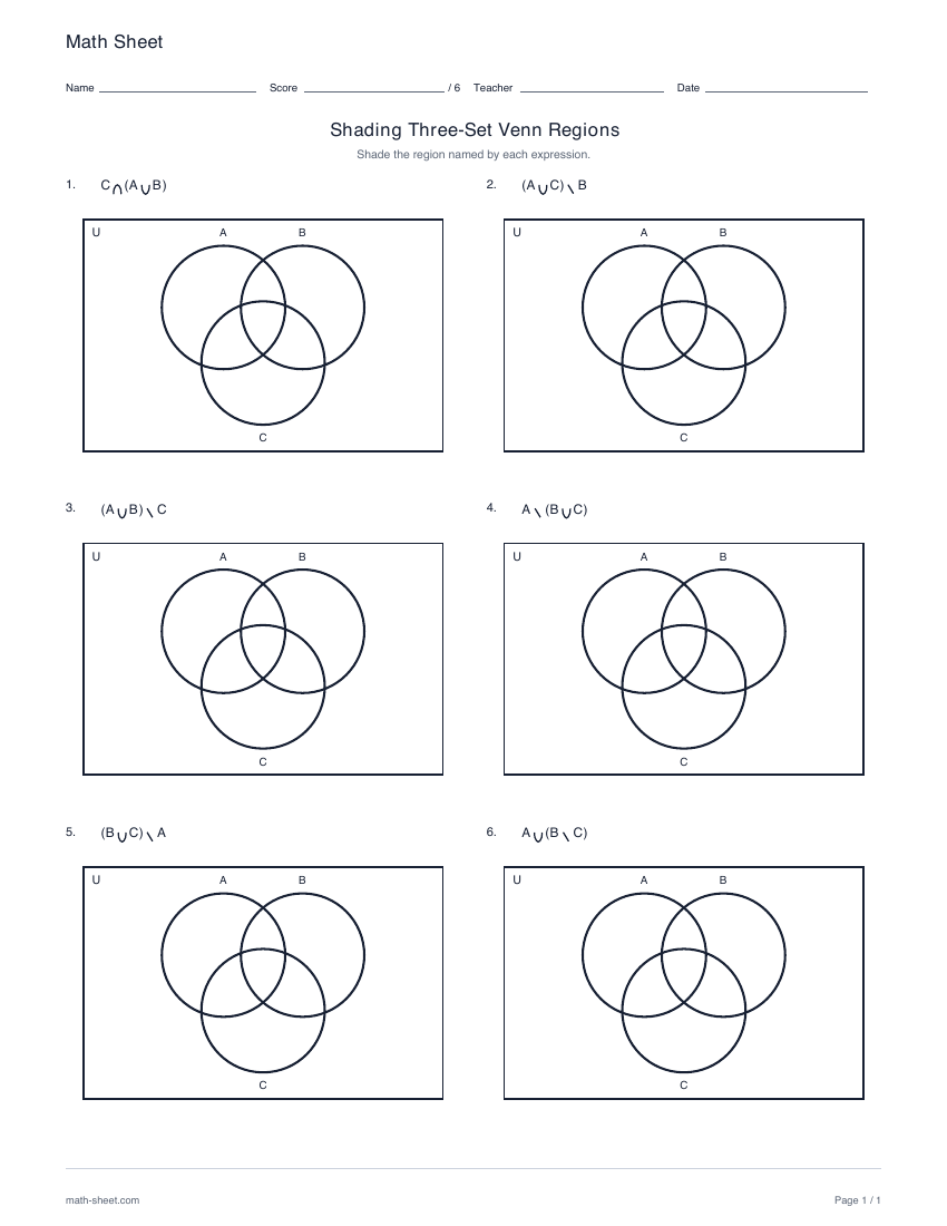 First page preview: Shading three-set Venn diagrams worksheets