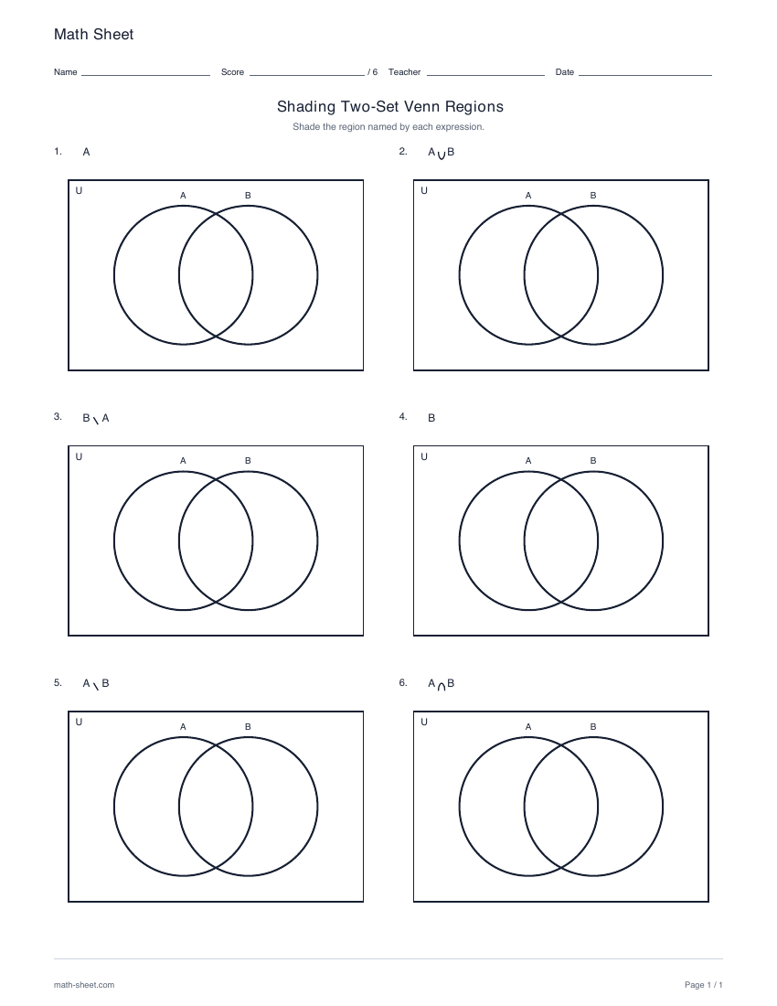 First page preview: Shading two-set Venn diagrams worksheets