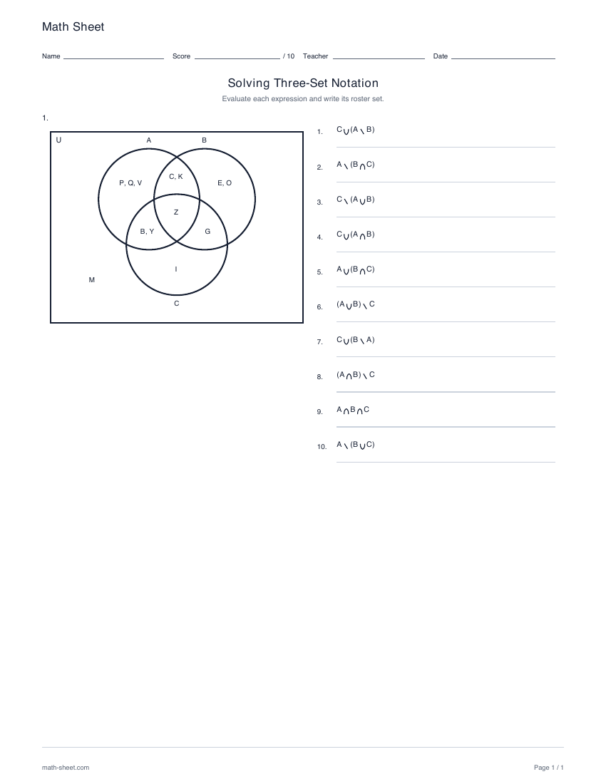 First page preview: Three-set notation worksheets