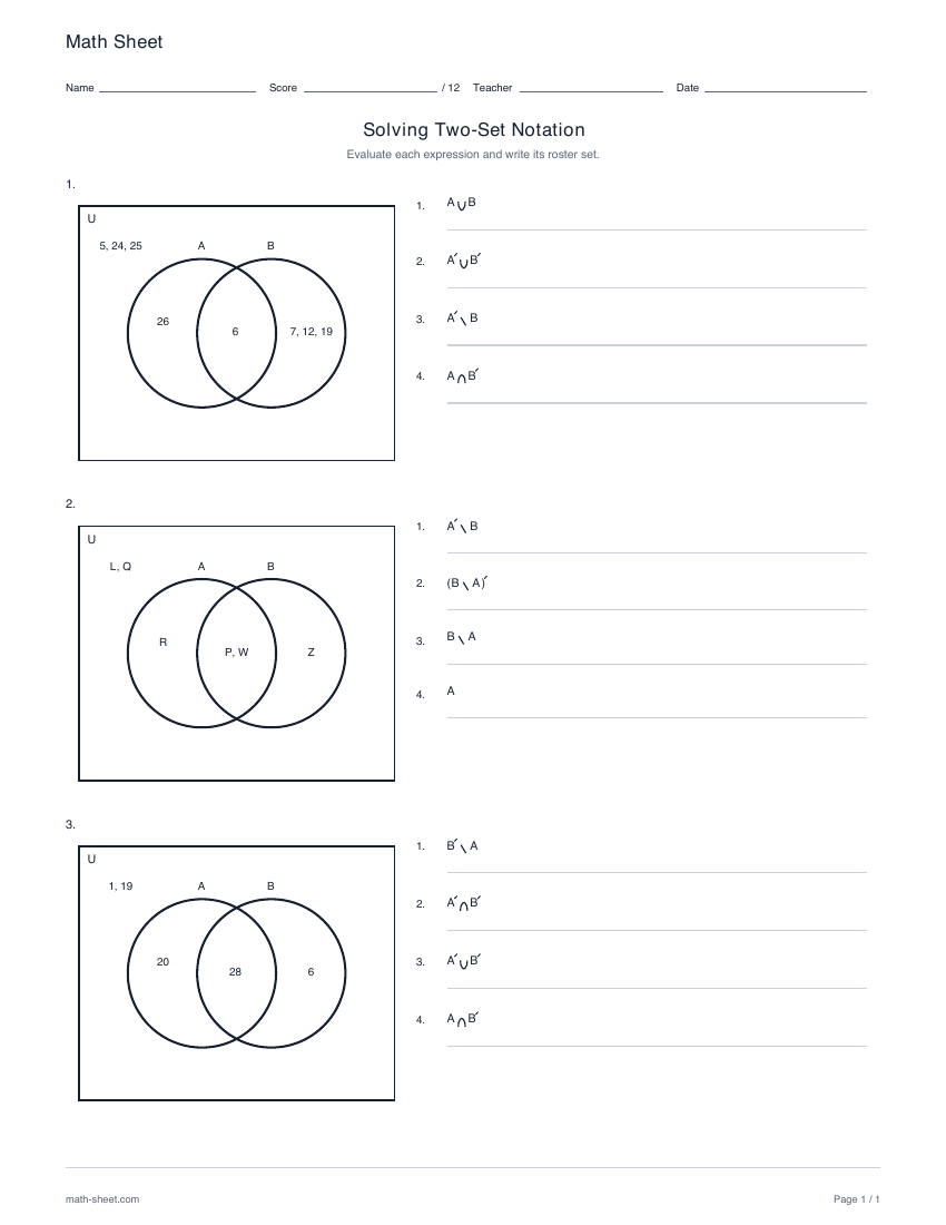 First page preview: Two-set notation worksheets