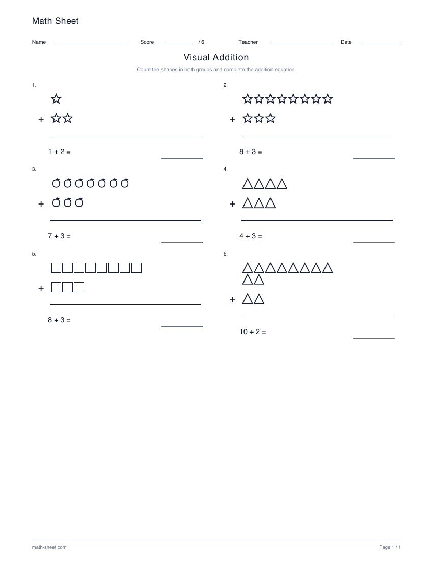 Printable visual addition worksheet preview