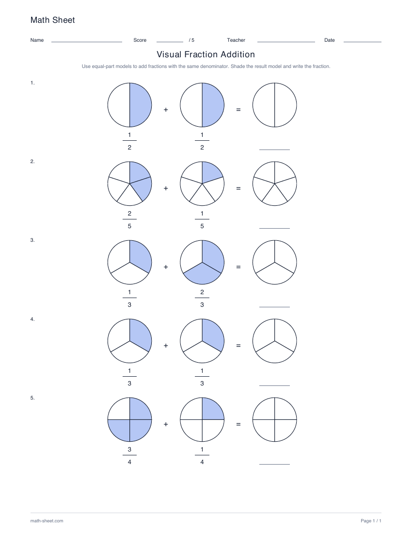 Printable visual fraction addition worksheet preview