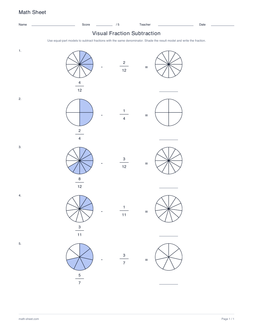 Printable visual fraction subtraction worksheet preview