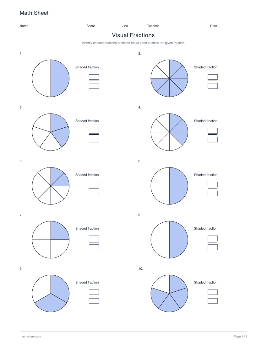 Printable identify and shade visual fractions worksheet preview