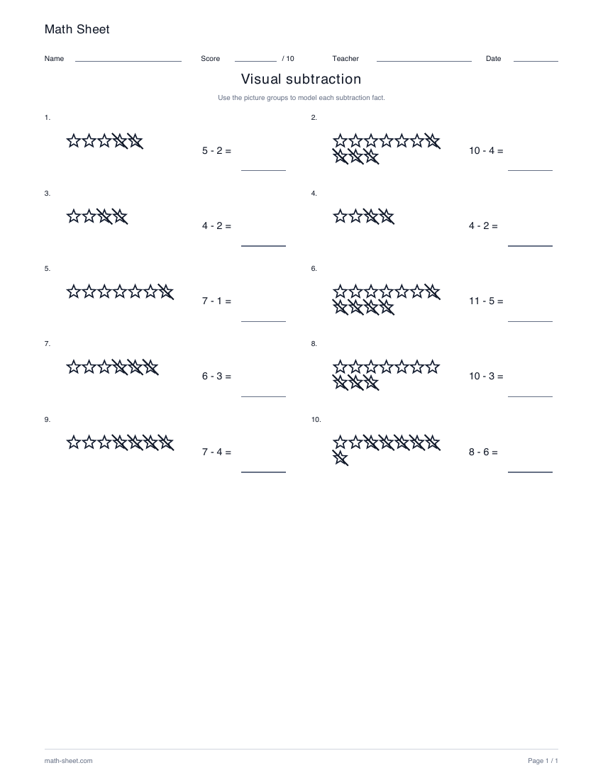 Printable visual subtraction worksheet preview