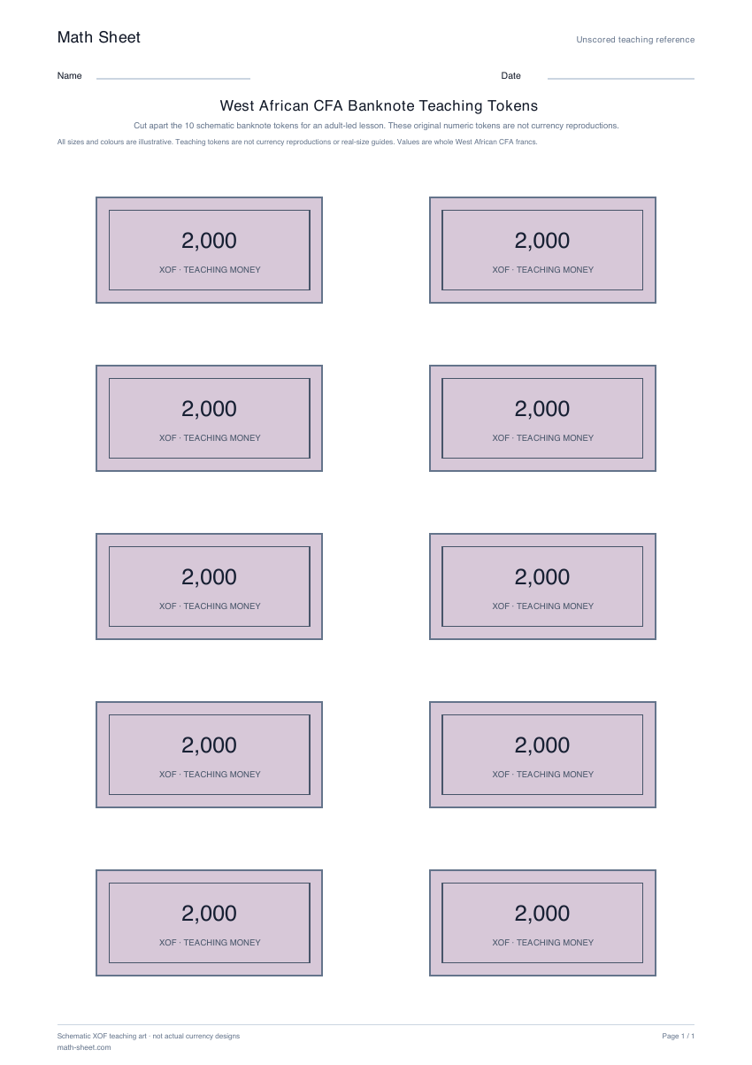 Printable west african cfa banknote teaching tokens worksheet preview