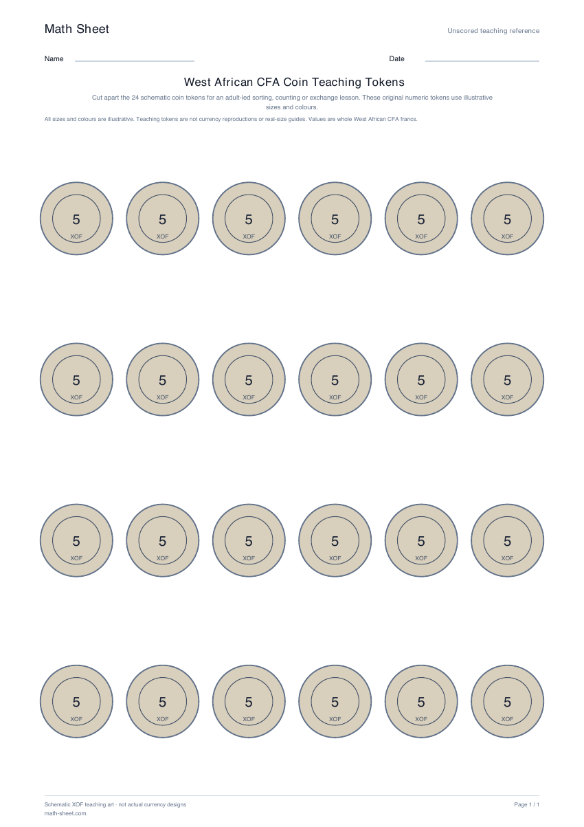Printable west african cfa coin teaching tokens worksheet preview