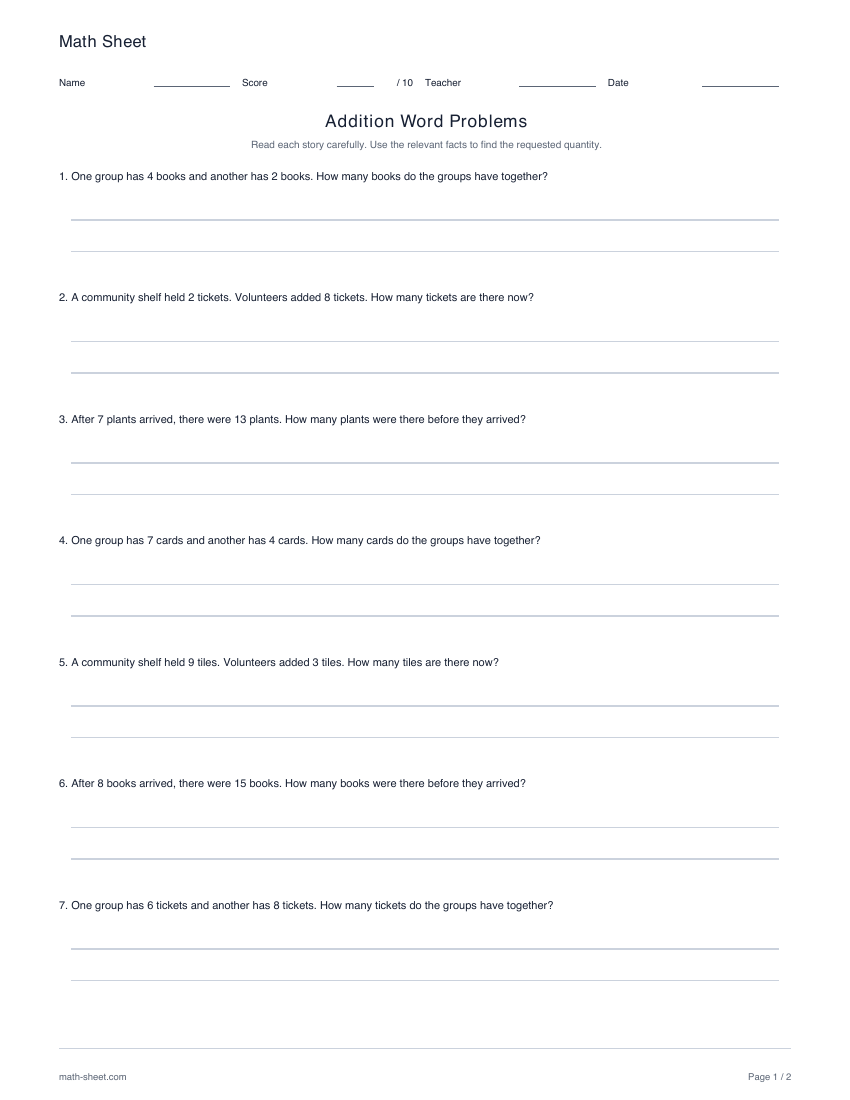 Printable addition word problems worksheets worksheet preview