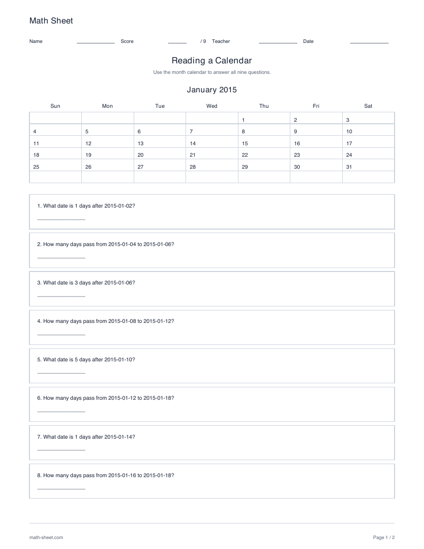 Printable calendar word problems worksheets worksheet preview
