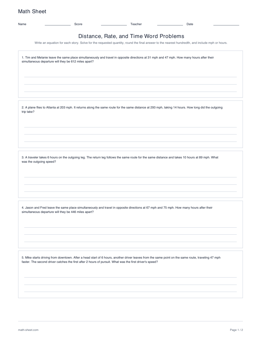 Printable distance, rate, and time word problems worksheet preview