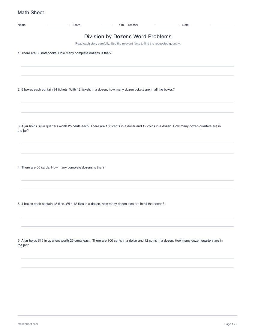 Printable division with dozens word problems worksheet preview