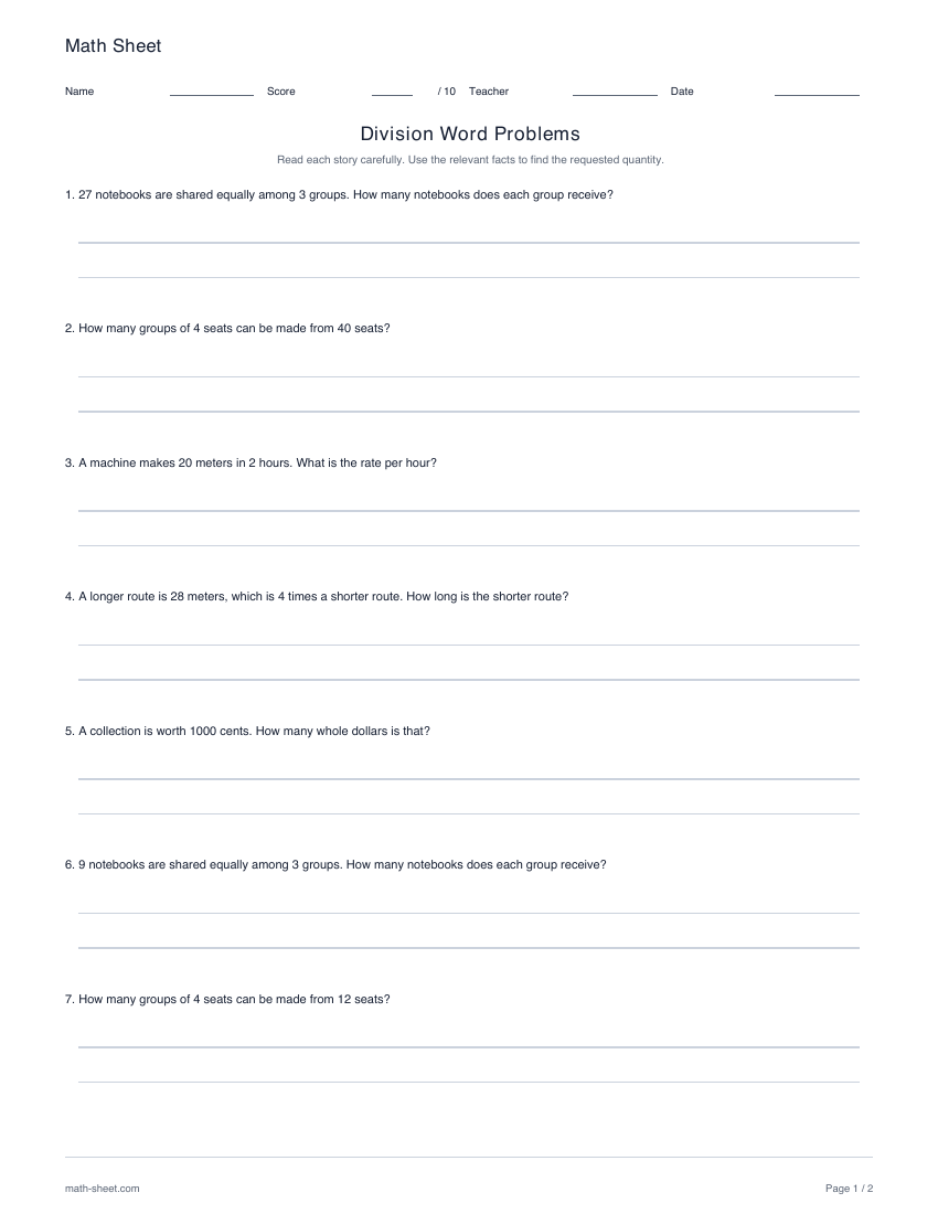 Printable division word problems worksheets worksheet preview