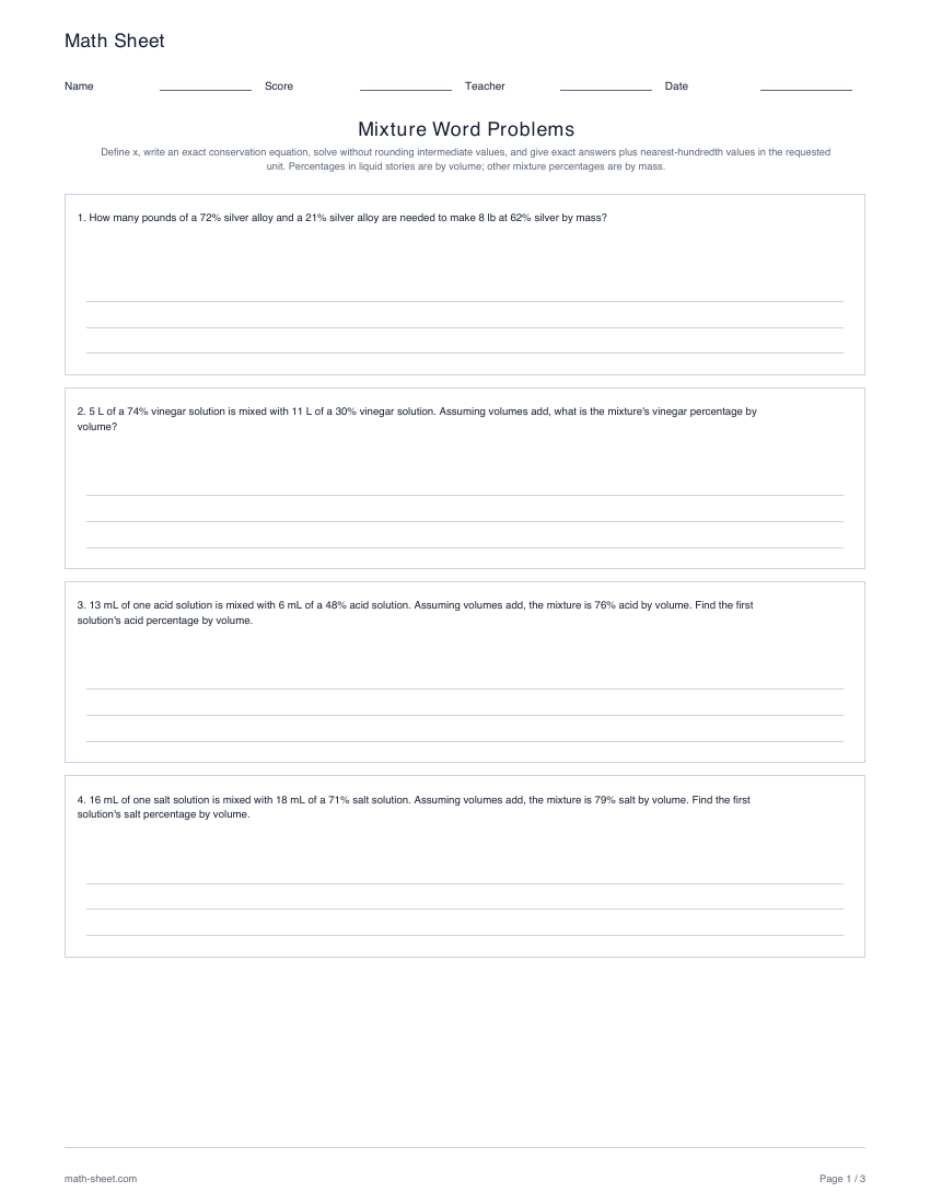 Printable mixture word problems worksheets worksheet preview