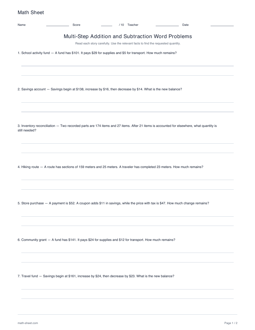 Printable multi-step addition and subtraction word problems worksheet preview