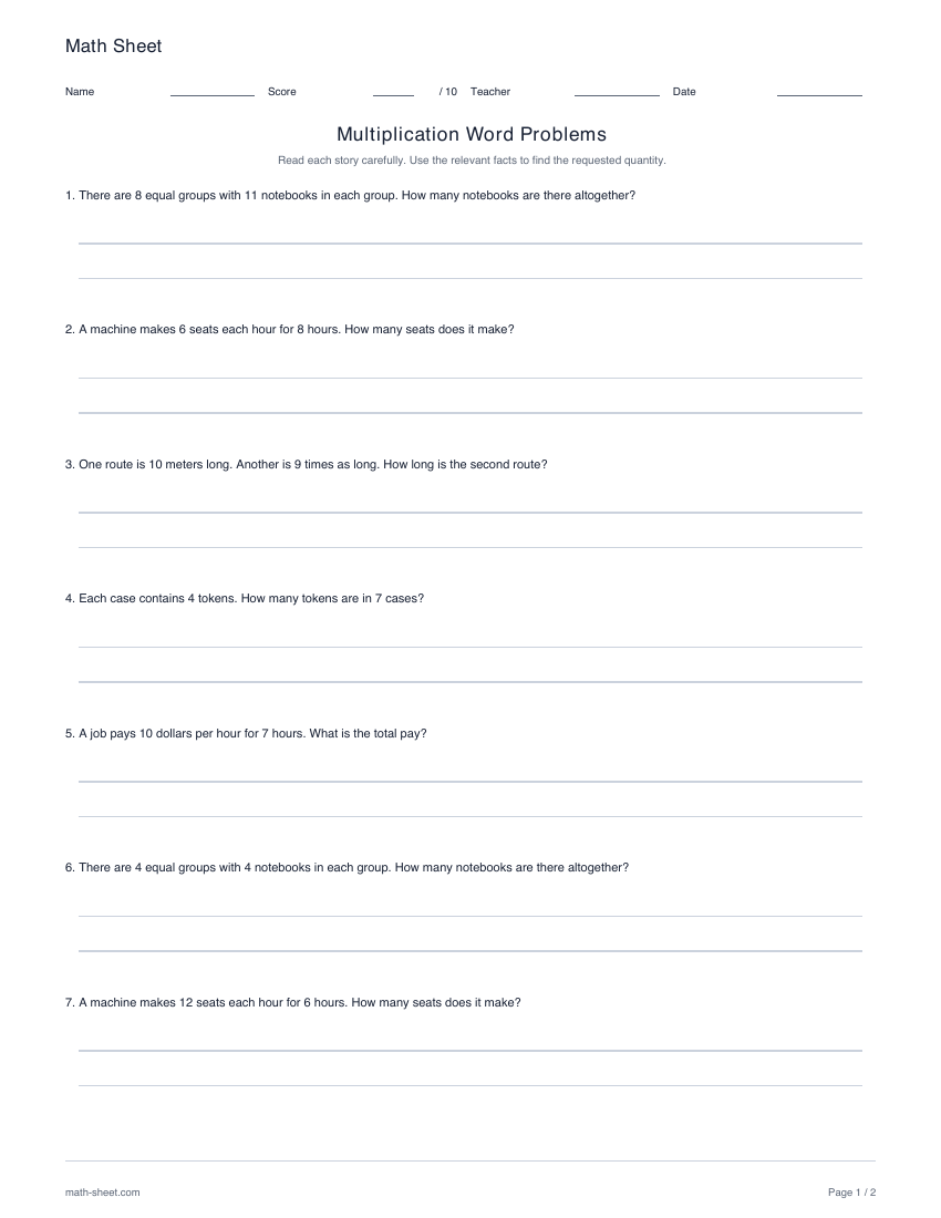 Printable multiplication word problems worksheets worksheet preview