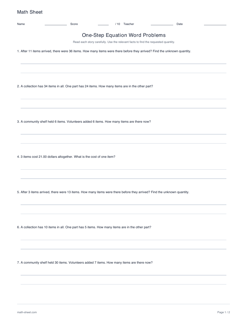 Printable one-step equation word problems worksheet preview