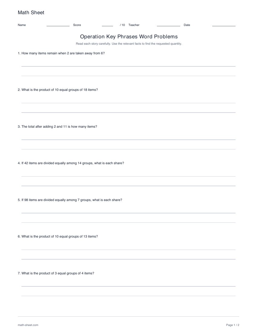 Printable math key phrases word problems worksheet preview