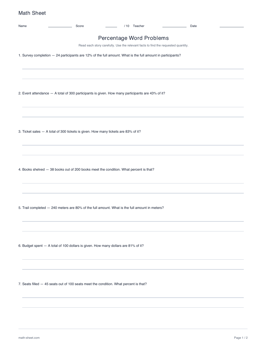 Printable percentage word problems worksheets worksheet preview