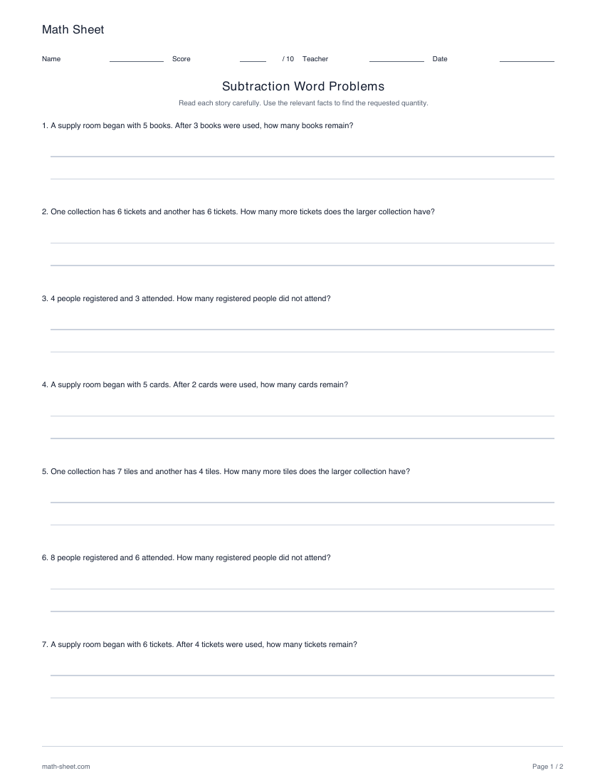 Printable subtraction word problems worksheets worksheet preview