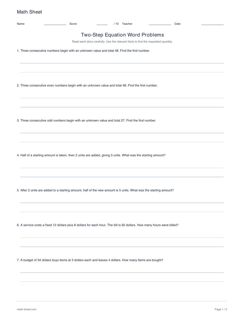 Printable two-step equation word problems worksheet preview