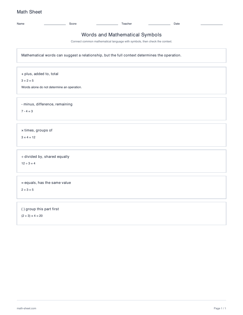 Printable words to math symbols reference worksheet preview