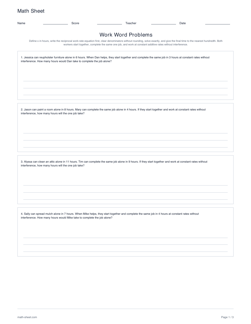Printable work rate word problems worksheets worksheet preview