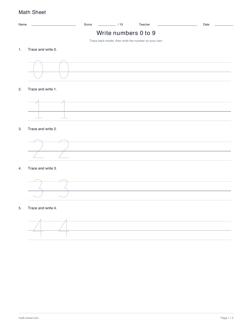 Printable write numbers 0 to 9 worksheet preview