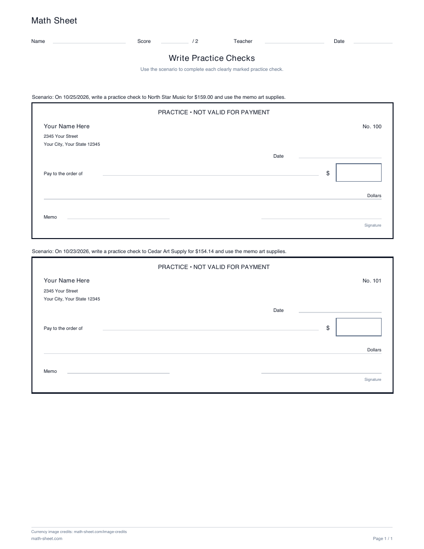 Printable write practice checks worksheet preview