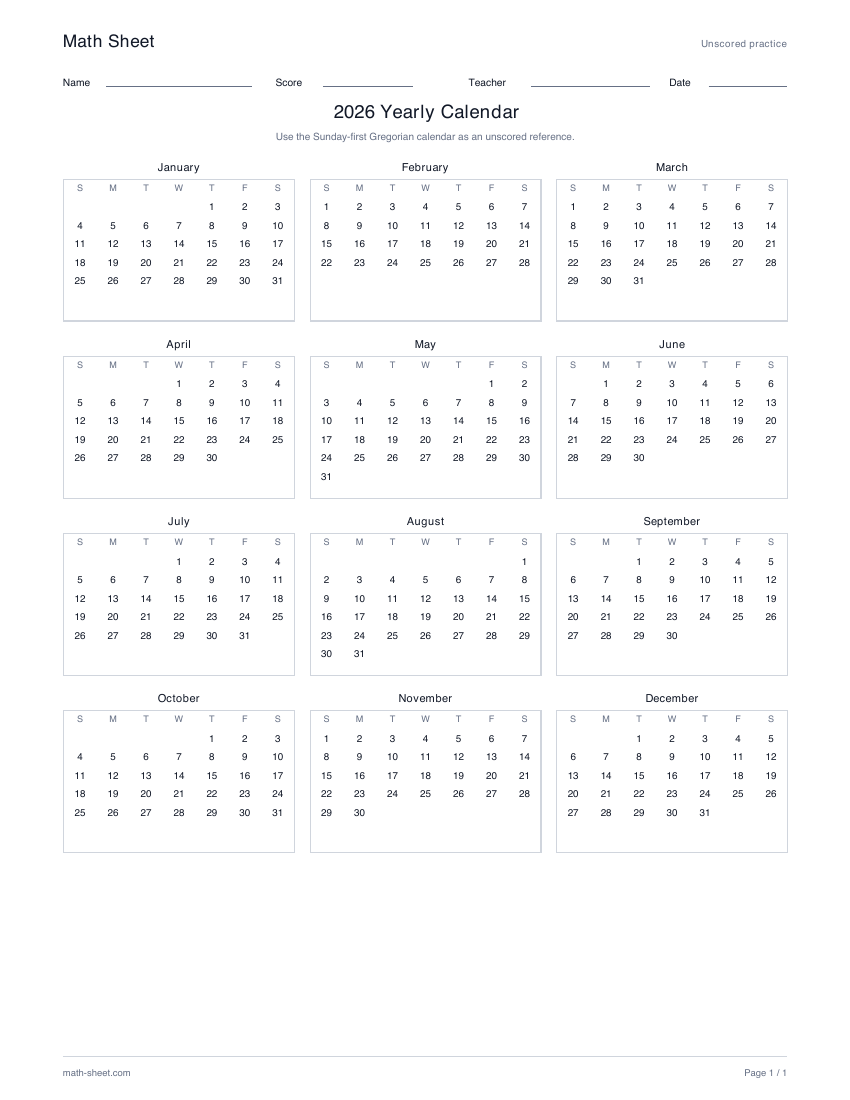 Printable printable yearly calendar worksheet preview